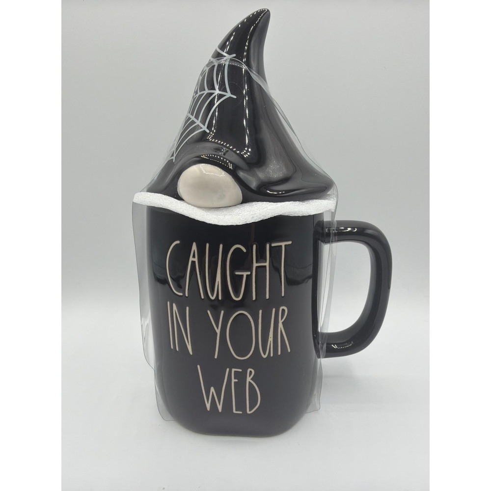 Rae Dunn Caught In Your Web Halloween Gnome Topper Mug Black Spiderweb